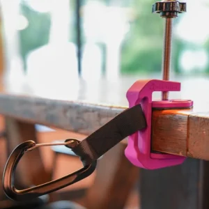 Table Tether hands-free dog leash holder attached to an outdoor patio table