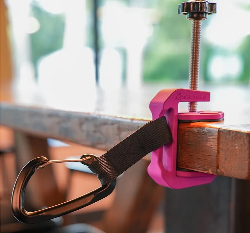 Table Tether hands-free dog leash holder attached to an outdoor patio table